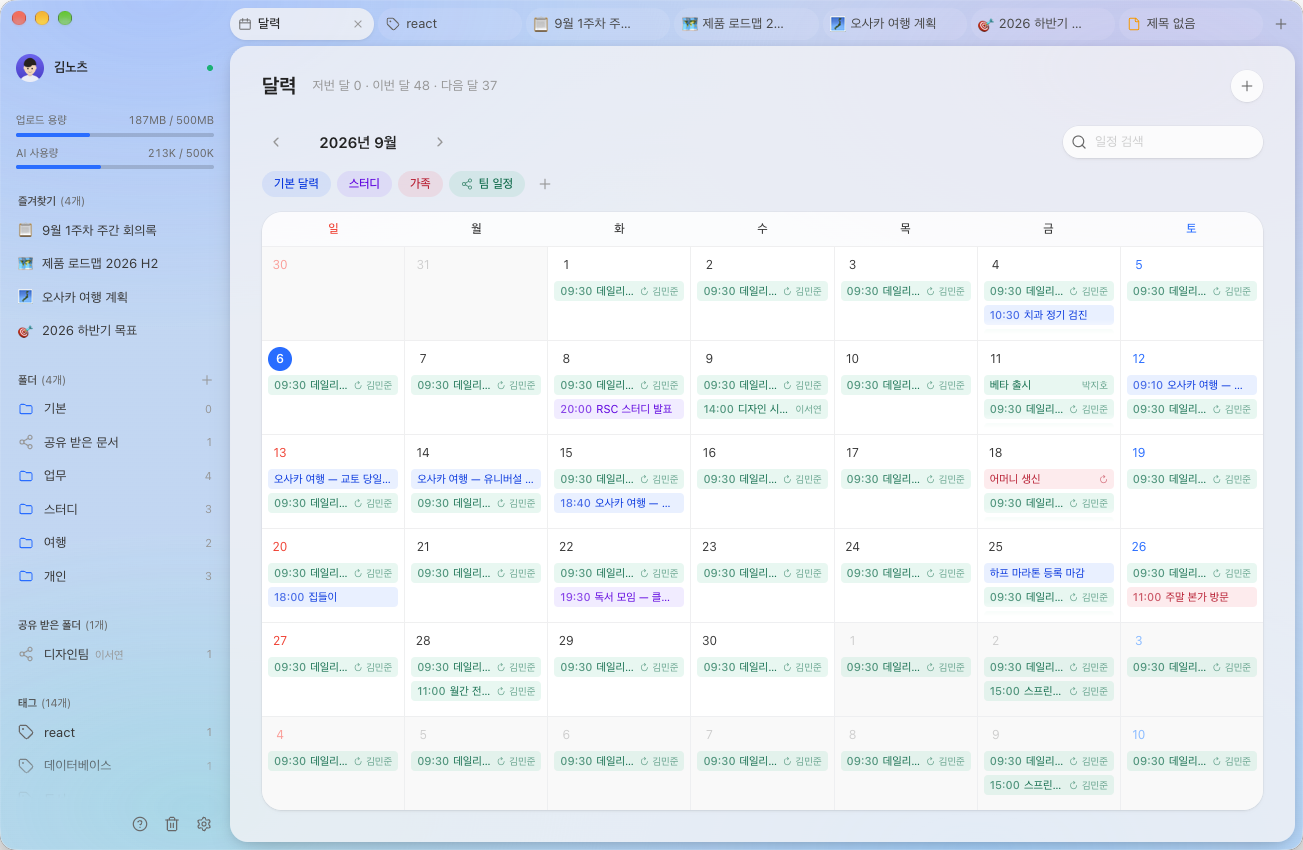 달력 화면 — 기본 달력·공부·가족·팀 일정을 색으로 나눈 줄과, 일정이 들어찬 한 달치 달력